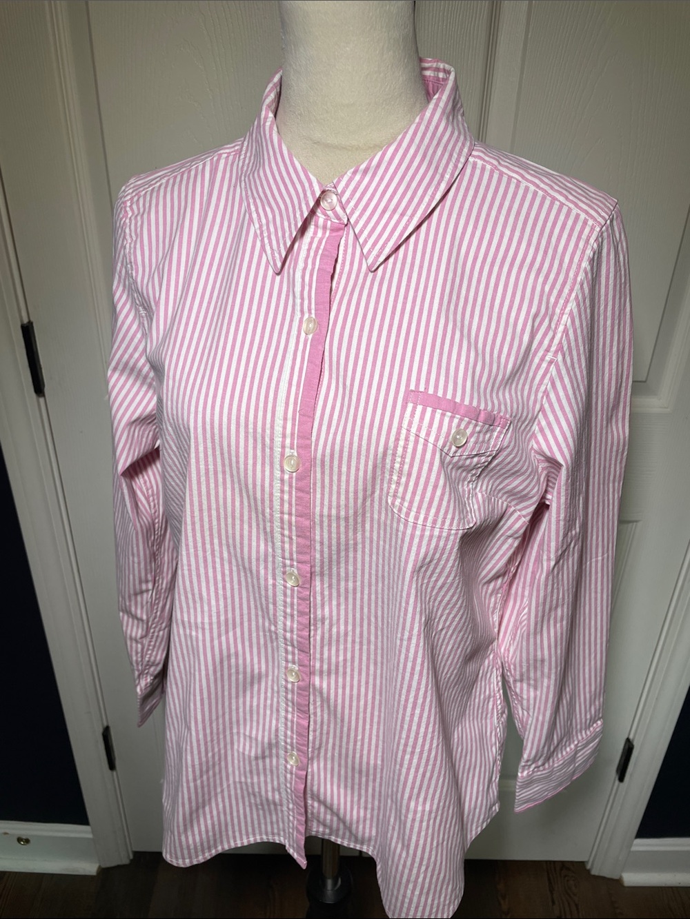 Denim & Co. Pink White Striped Button Down Shirt Long Sleeve Cotton Blouse Sz M